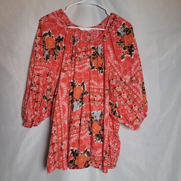 Lauren Conrad Red Floral Balloon Sleeve Button Front Summer Flowy Blouse Size XL - Picture 1 of 9